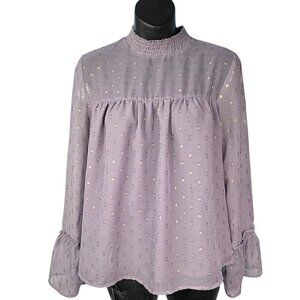 Sheer Long Bell Sleeve Lilac Mauve Flowy Peasant Blouse Gold Pattern Women’s M